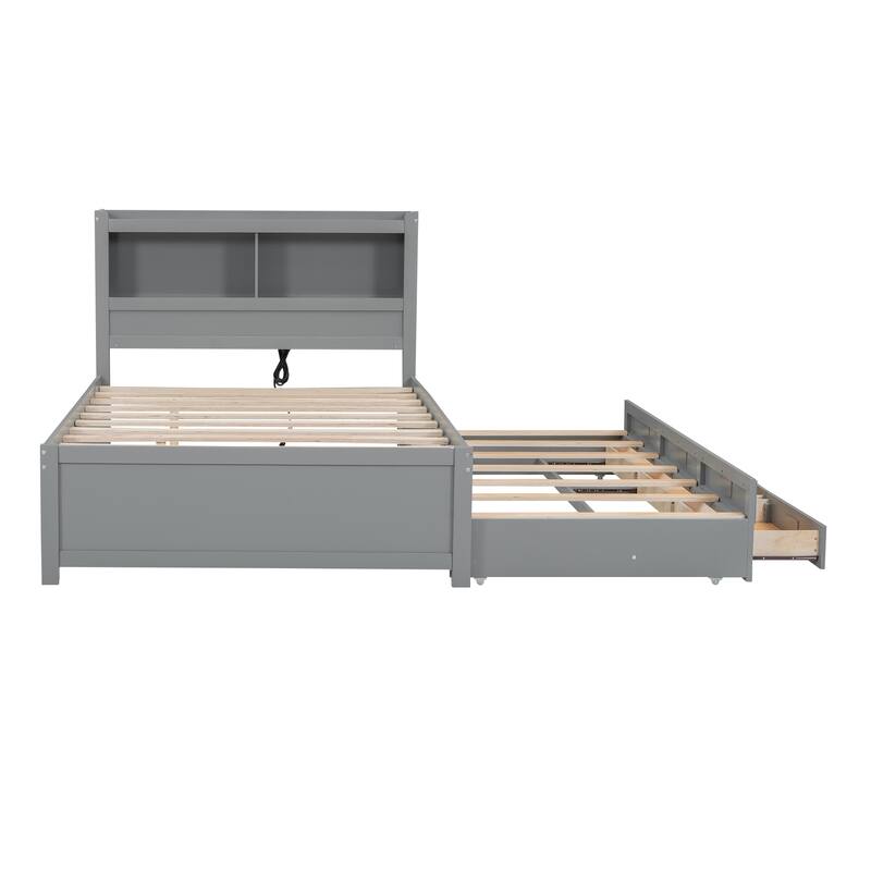 Full Size Storage Platform Bed with Trundle, Drawers and USB Ports in Gray