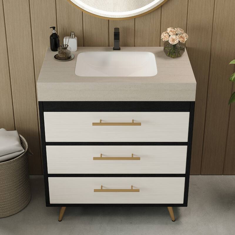 Modern Free-Standing Bathroom Vanity with Ceramic Vessel Sink & Durable Sintered Stone Top
