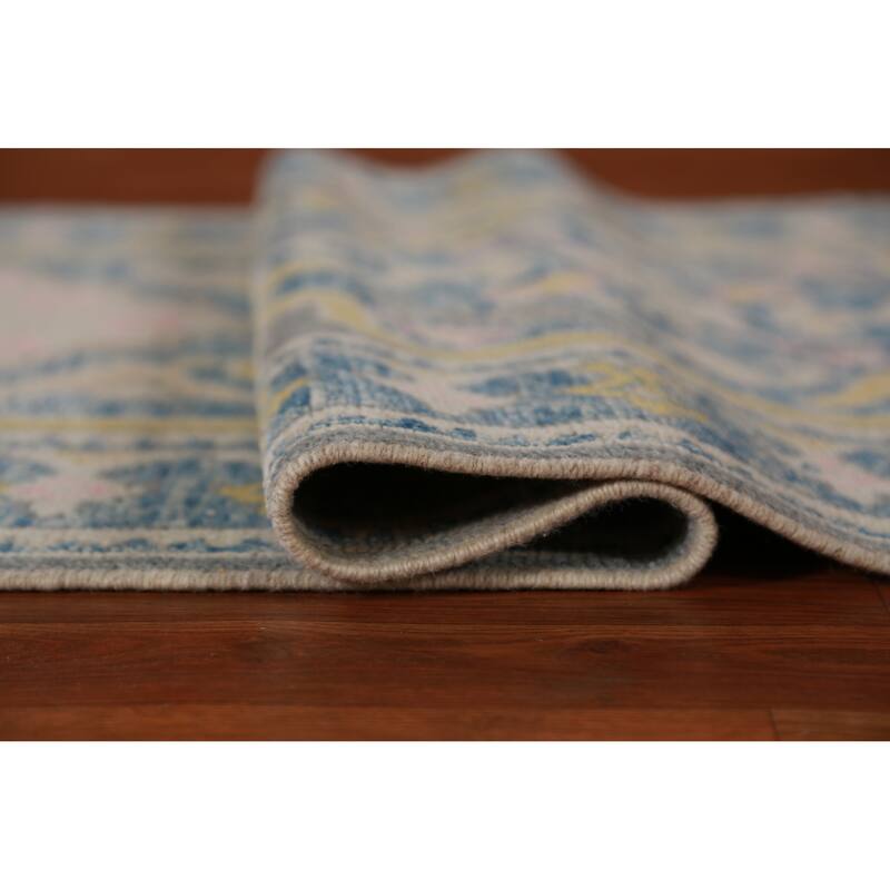 Hand Knotted Oriental 100% Wool Carpet Transitional Geometric Greys & Charcoal Oushak Runner Rug - 14' 1'' X 3' 2''