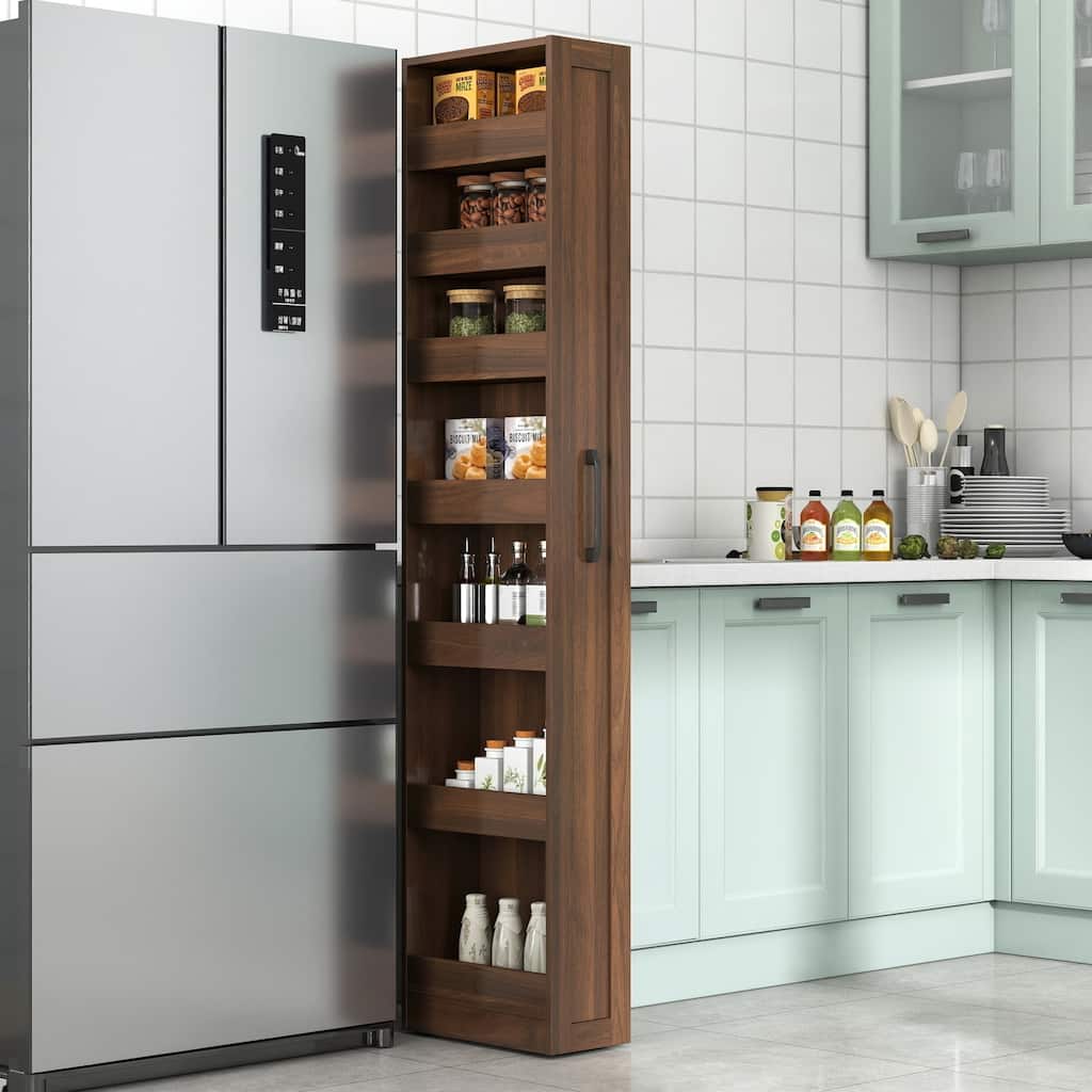 Roomfitters 7 Tier Pull Out Pantry Cabinet Slim Side Storage Tower Mobile Kitchen Cart Rolling Gap Organizer, Walnut