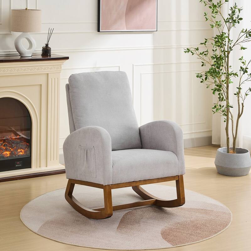 Modern 27.17" High Back Rocking Chair with Side Pocket and Rubber Wood Legs