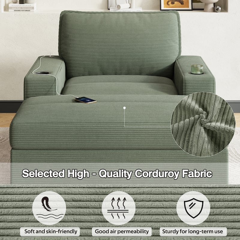 42.8" Oversized Chaise Lounge Chair with Storage Ottoman, Corduroy Sofa Bed with Cup Holders & USB Charging Port