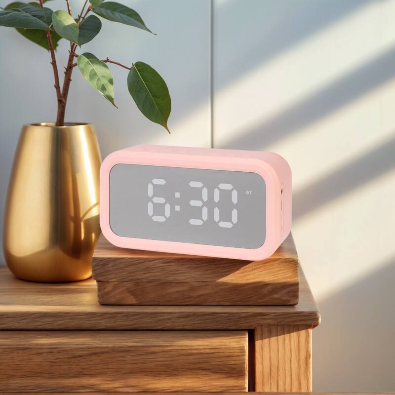Small Dual Digital Alarm Clock for Bedroom, Dimmable, Alarms with FM Radio and Speaker Function 5.5 x 2.6 x 1.8 inch - Pink