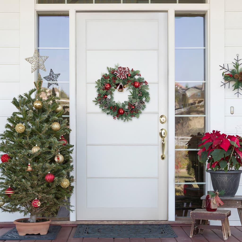 Red Bells Mixed Foliage Artificial Christmas Wreath, 30-Inch, Unlit