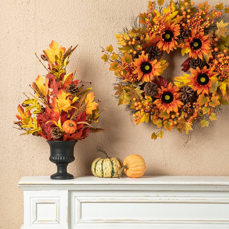 Glitzhome 24"H Fall Maple Leaf Pumpkin Urn Table Tree Thanksgiving