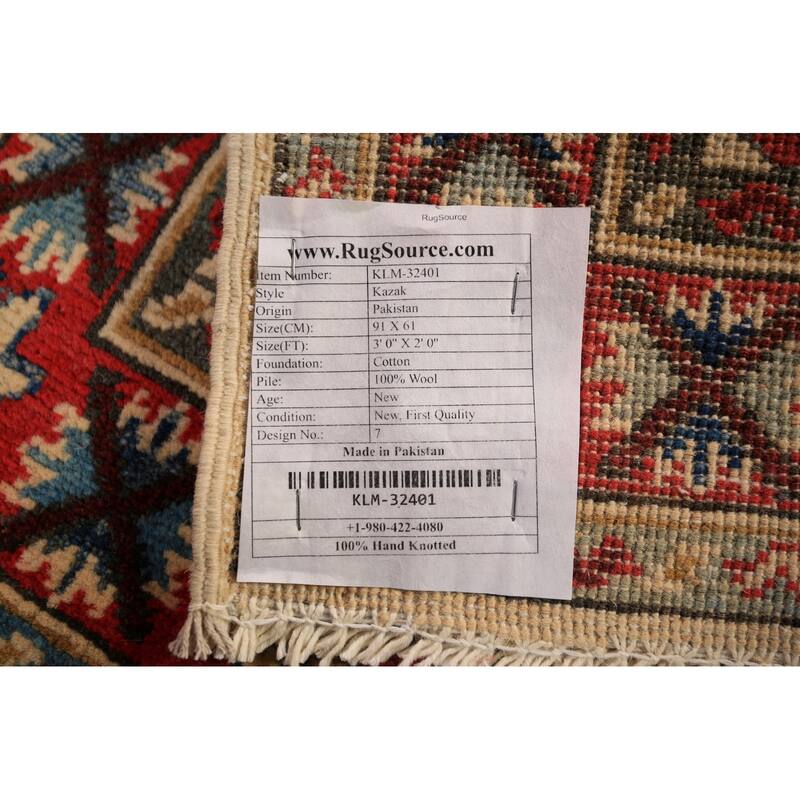 Geometric Kazak Foyer Rug Hand-Knotted Traditional Wool Carpet - 2'0" x 3'0"