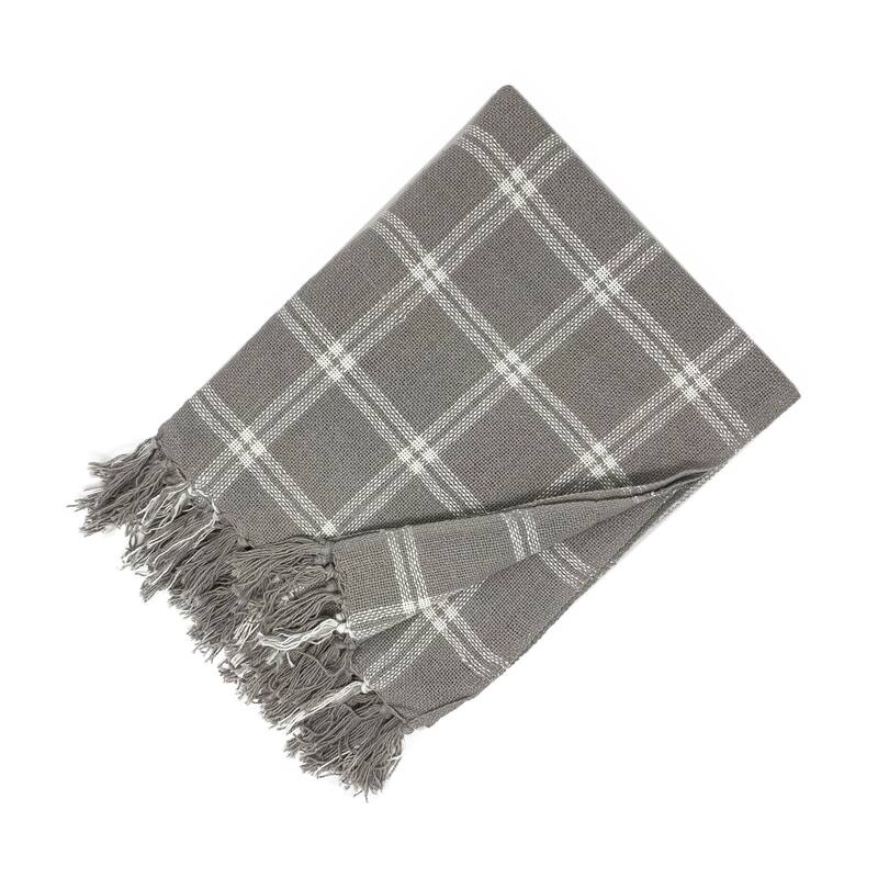 Farmhouse Living Double Windowpane Plaid Fringe Blanket Throw - Gray/White