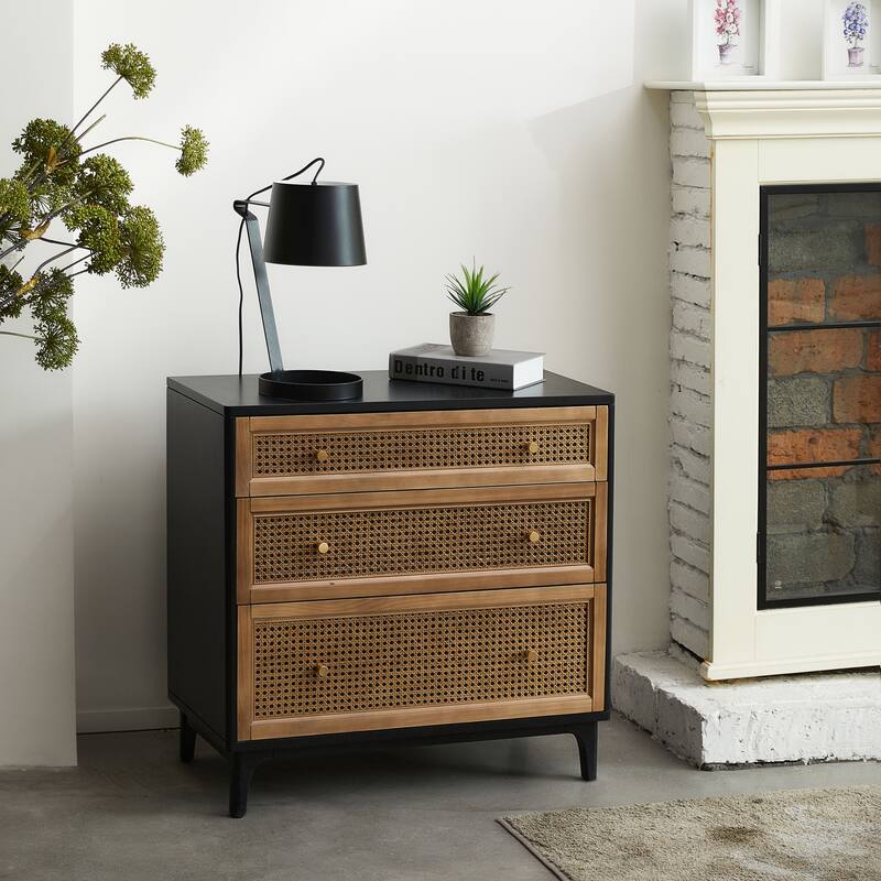 COZAYH Woven Cane Front Accent Nightstand with Brass Knobs, Accent Dresser
