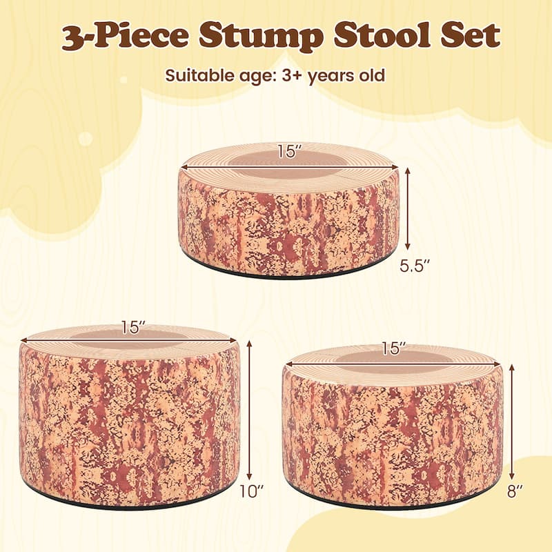 Gymax 3 PCS Tree Stump Stool Set w/Wood Printing Nature Decoration &