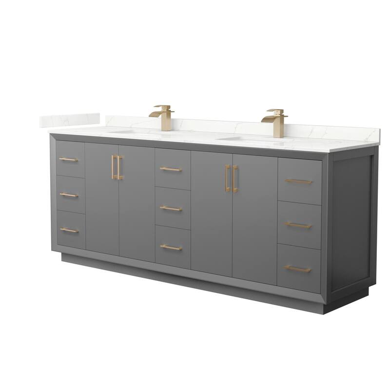 Wyndham Collection WCF414184D-QTZ-UNSMXX Strada 84" Free Standing - Dark Gray / Giotto Quartz Top / Satin Bronze