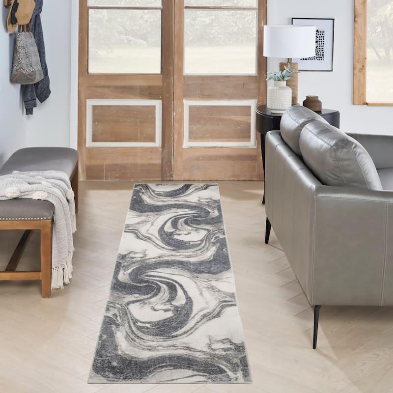 Nourison Astra Machine Washable Indoor only Abstract Area Rug - Ivory/Grey - 2' 2" x 8'