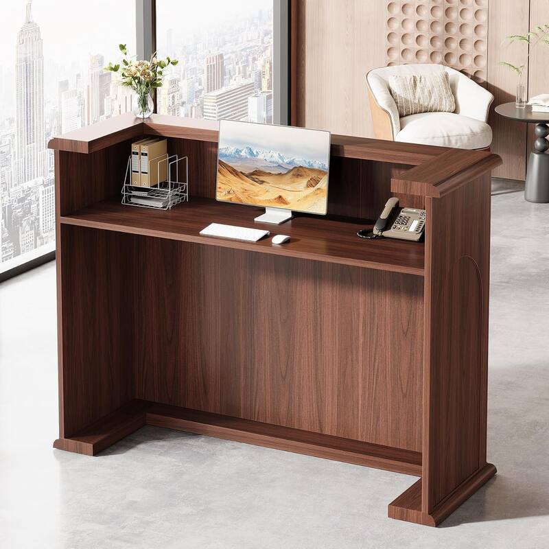 55 Inches Reception Desk, Modern Large Front Counter Desk for Checkout, Lobby, Salon, Office, Walnut