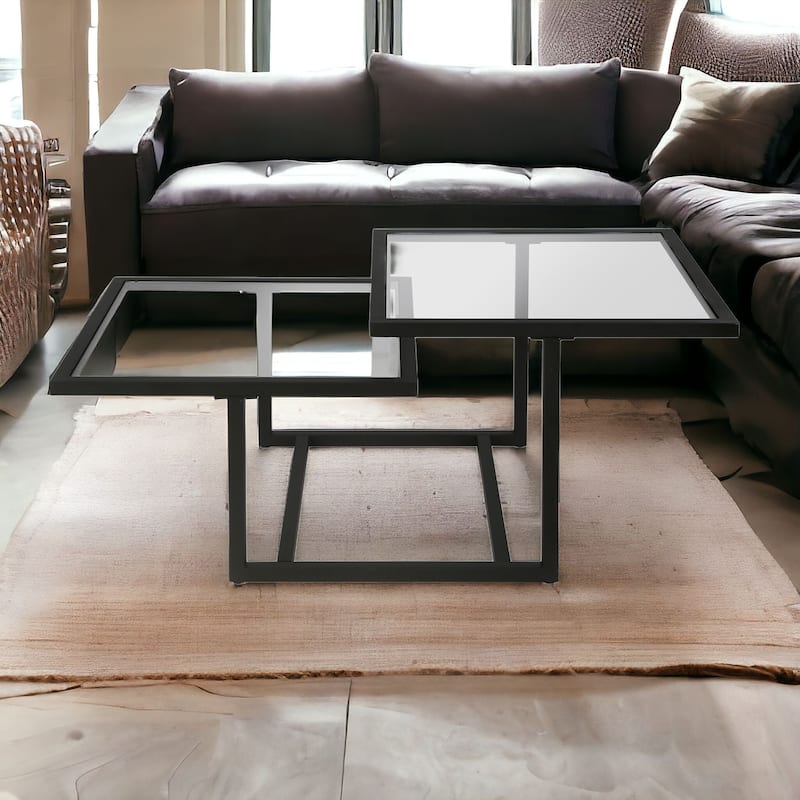 43" Contemporary Square Coffee Table with Glass Top and 2 Shelves Stylish Steel Base for Living Rooms - 43"L x 23"W x 18"H