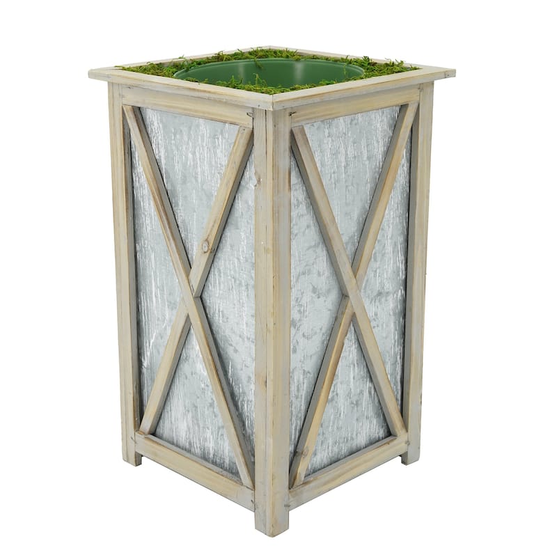 Large Tall Crisscross Wood/Metal Planter Pot-in-a-Pot - Grey