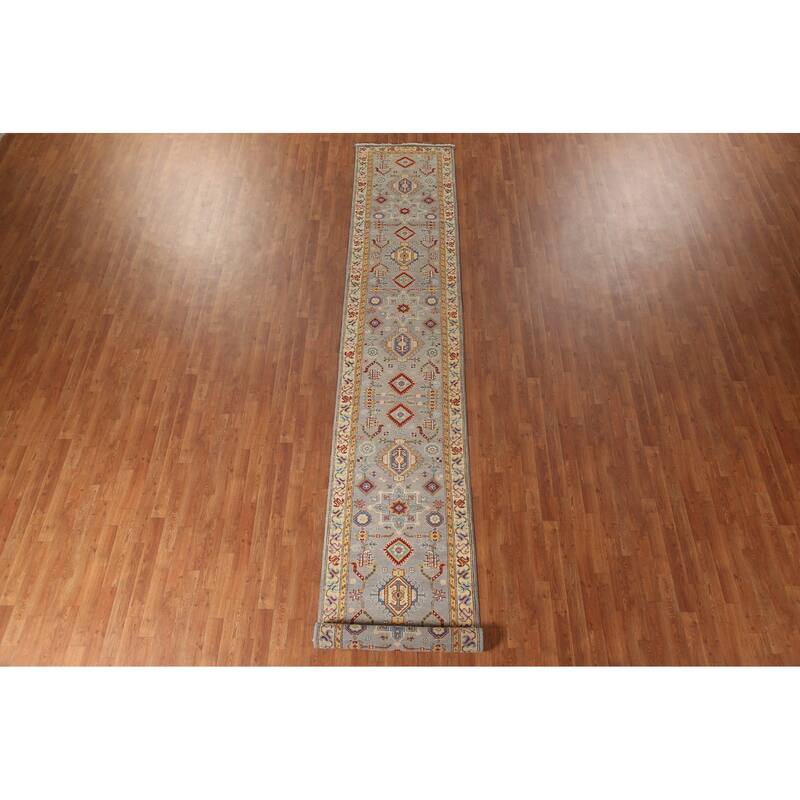 Geometric Kazak Runner Rug Handmade Grey Wool Carpet - 2'8" x 16'3"