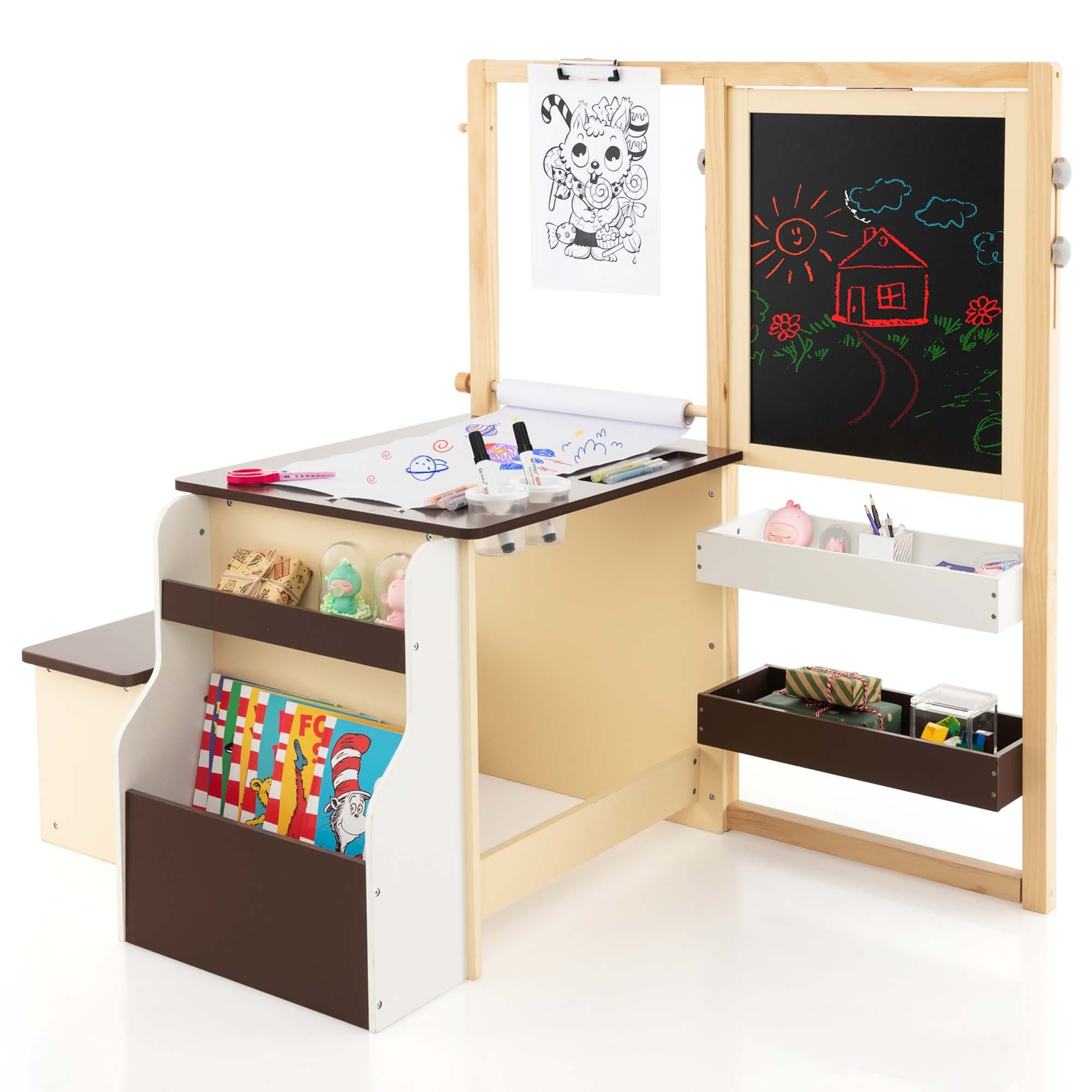 Costway Kids Art Center Wooden Table Bench Set Adjustable Double-Sided - See Details