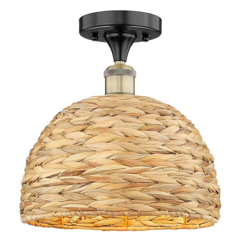 Innovations Lighting 616-1F-11-12 Woven Rattan Semi-Flush Woven Rattan - Black Antique Brass / Natural