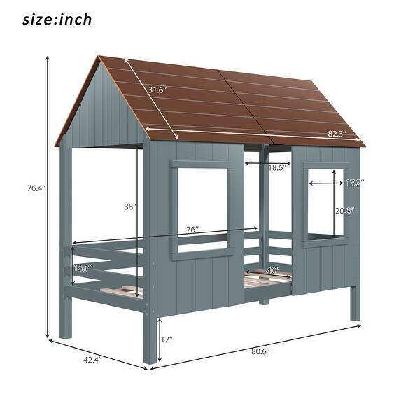 Playhouse Design Twin Size Low Loft Wood House Bed with Two Front ...