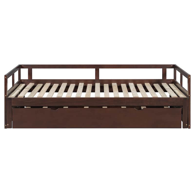 Wooden Daybed with Pull-Out Trundle, Expandable from Twin to King - Espresso - Twin