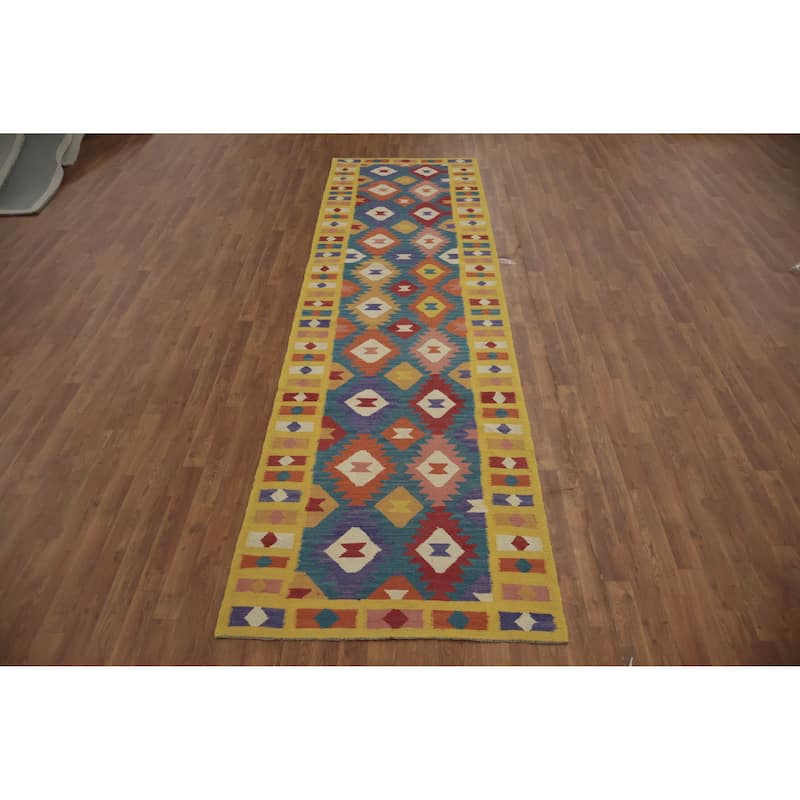 Hand Woven Oriental 100% Wool Carpet Southwestern Geometric Navy Blue & Blues Kilim Runner Rug - 12' 9'' X 3' 6''