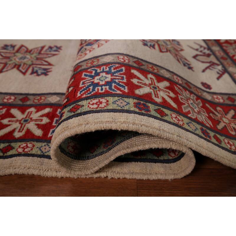 Beige / Ivory Geometric Kazak Rug Hand-Knotted Wool Carpet - 5'2" x 6'9"