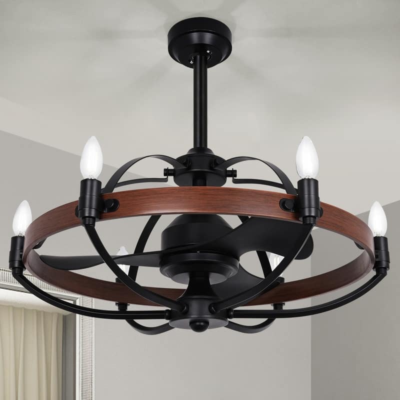 Farmhouse Modern Black LED Dimmable Ceiling Fan with Light and Remote Control 3 ABS Blades DC Motor for Bedroom Living Room - 27 inch - Walnut