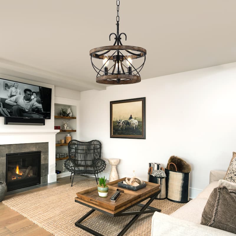 Cusp Barn 5-Light Farmhouse Wood Chandelier Adjustable Handmade Rustic Drum Ceiling Light Fixture Hanging Lamp for Foyer Kitchen