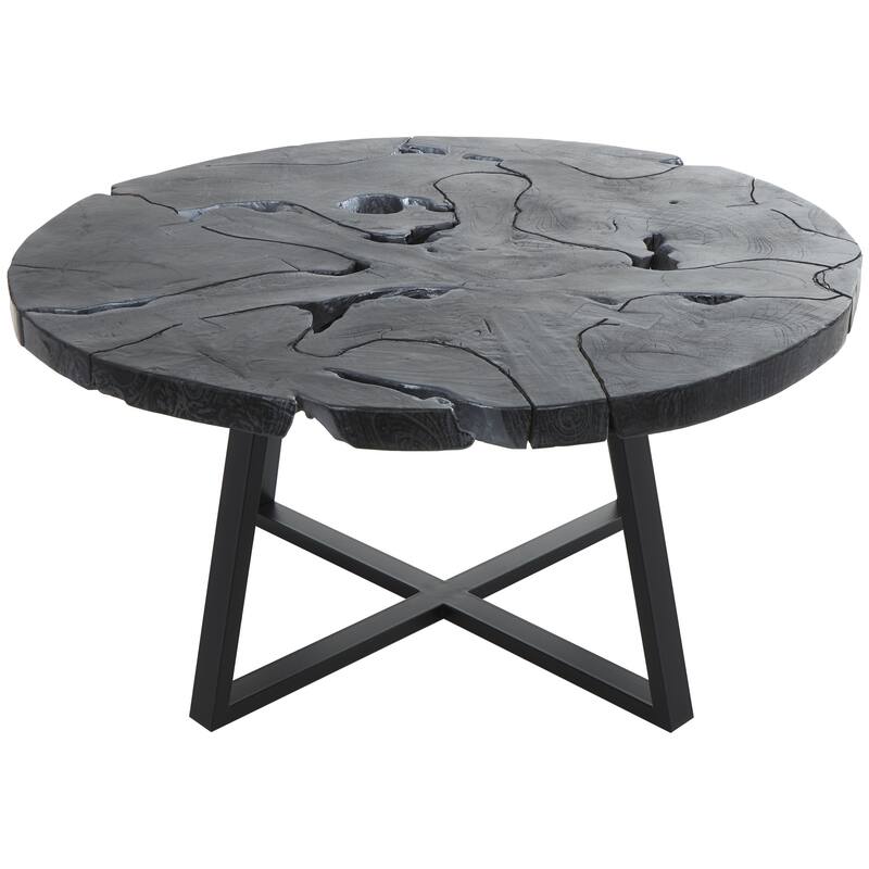 Teak Wood Geometric Handmade Live Edge Living Room Coffee Table with Black Metal Base - Black - Roche River Decor - Black - 35"W,18"H