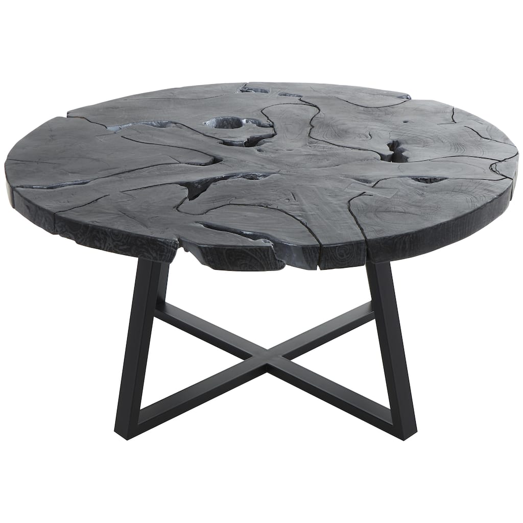 Teak Wood Geometric Handmade Live Edge Living Room Coffee Table with Black Metal Base - Black - Roche River Decor