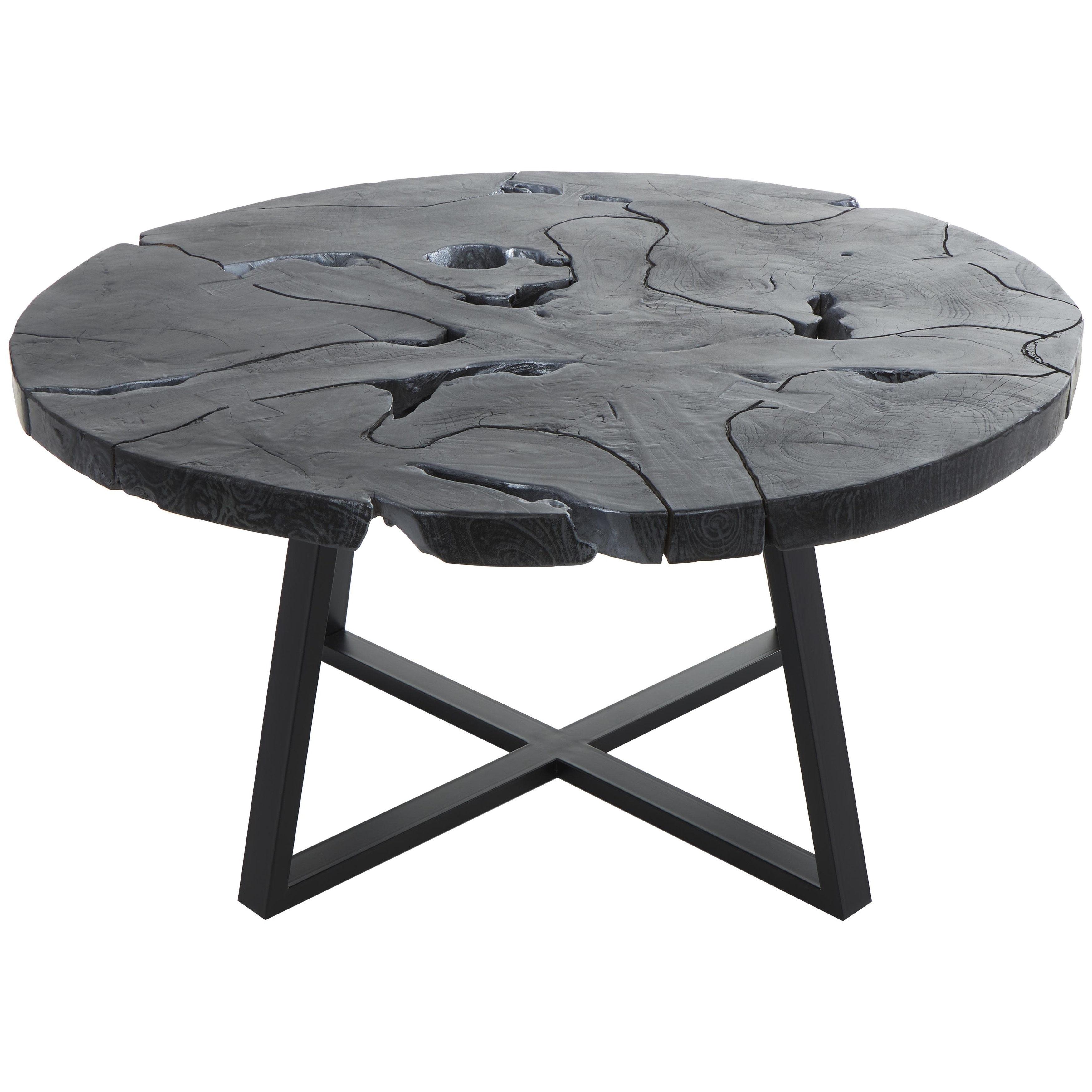 Roche River Decor - Teak Wood Geometric Handmade Live Edge Accent Table with Black Metal Base - Black