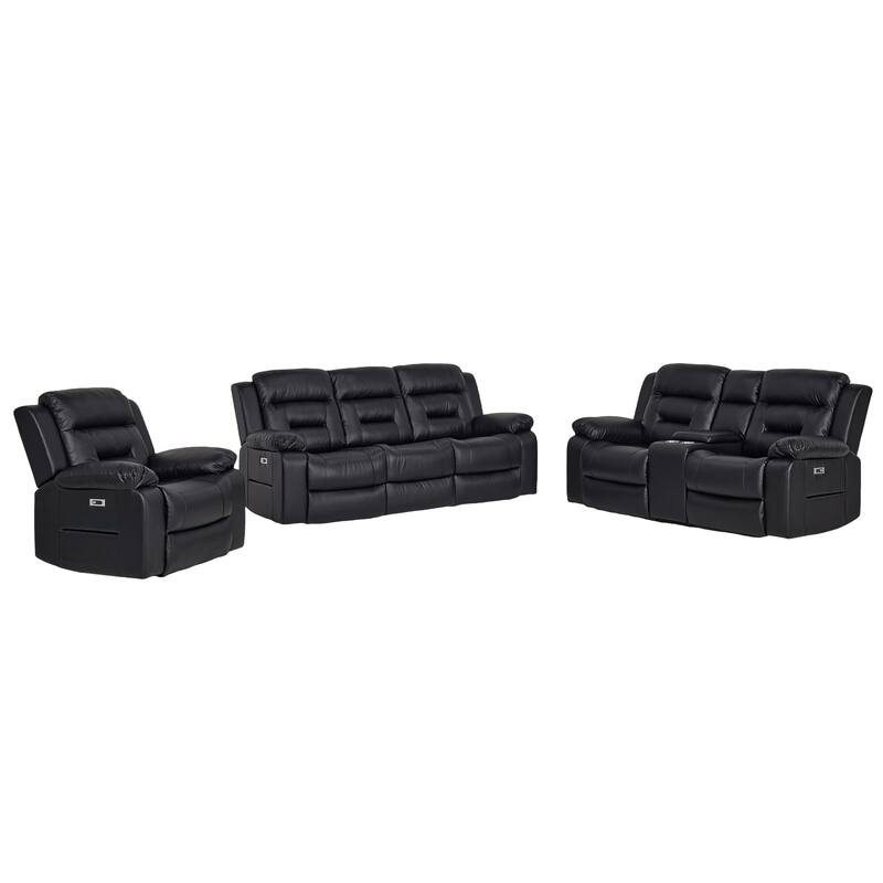 3-Piece Faux Leather Modular Design Power Recliner Sofa Set with USB&USB-C Charging - Black