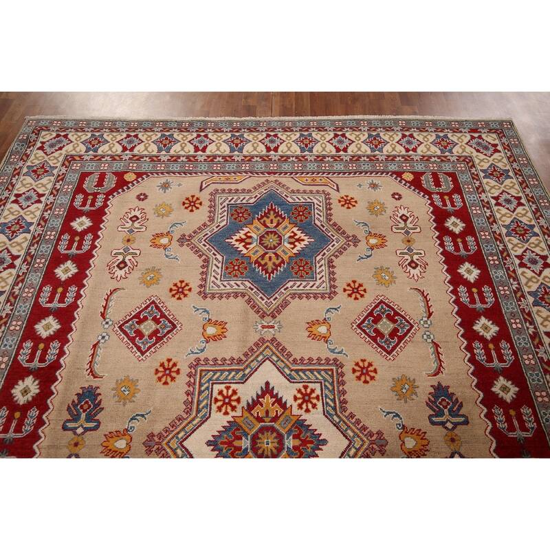 Hand Knotted Oriental 100% Wool Carpet Traditional Geometric Peach Kazak Area Rug - 10' 1'' X 8' 5''