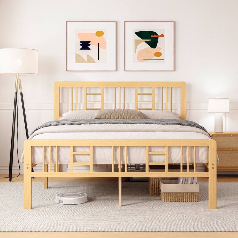 35 Inch Solid Bamboo Bed Frame with Headboard, Durable & Aesthetic Bedroom Upgrade - Natural - Queen