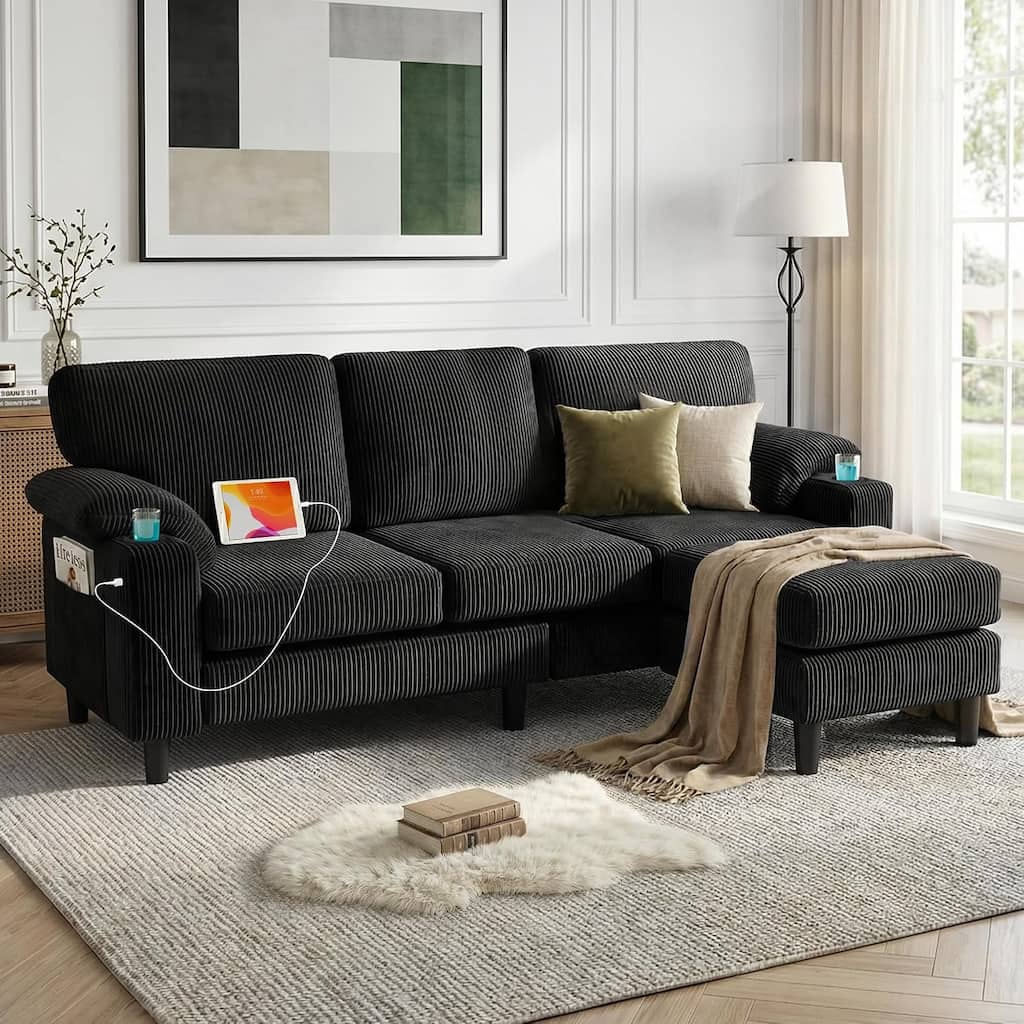 80" Convertible Sectional Sofa,3-Seater L Shaped Couch with Storage Ottoman,USB Port,Cup Holder,Armrest Pillows,Corduroy Fabric