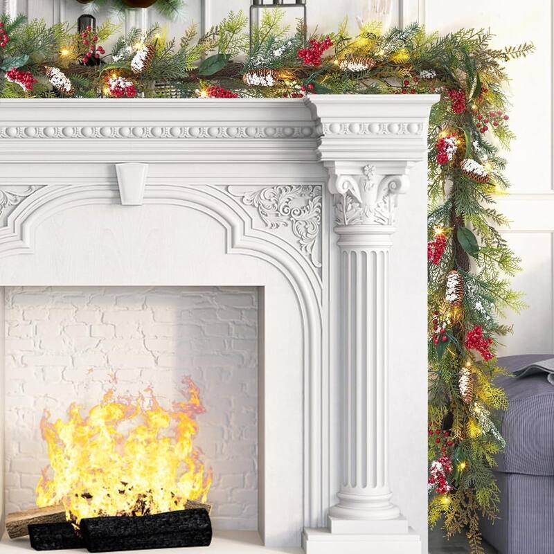 6FT Christmas Garland with LED Lights Berries Pine Cones Bells - N/A