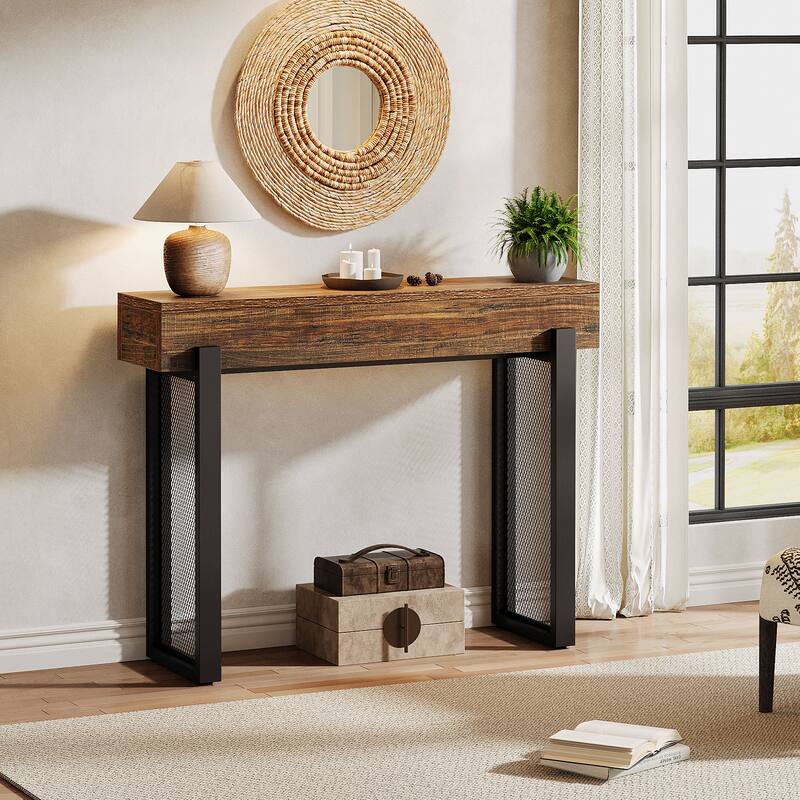 Industrial Small Console Table with Mesh Metal Legs for Entryway