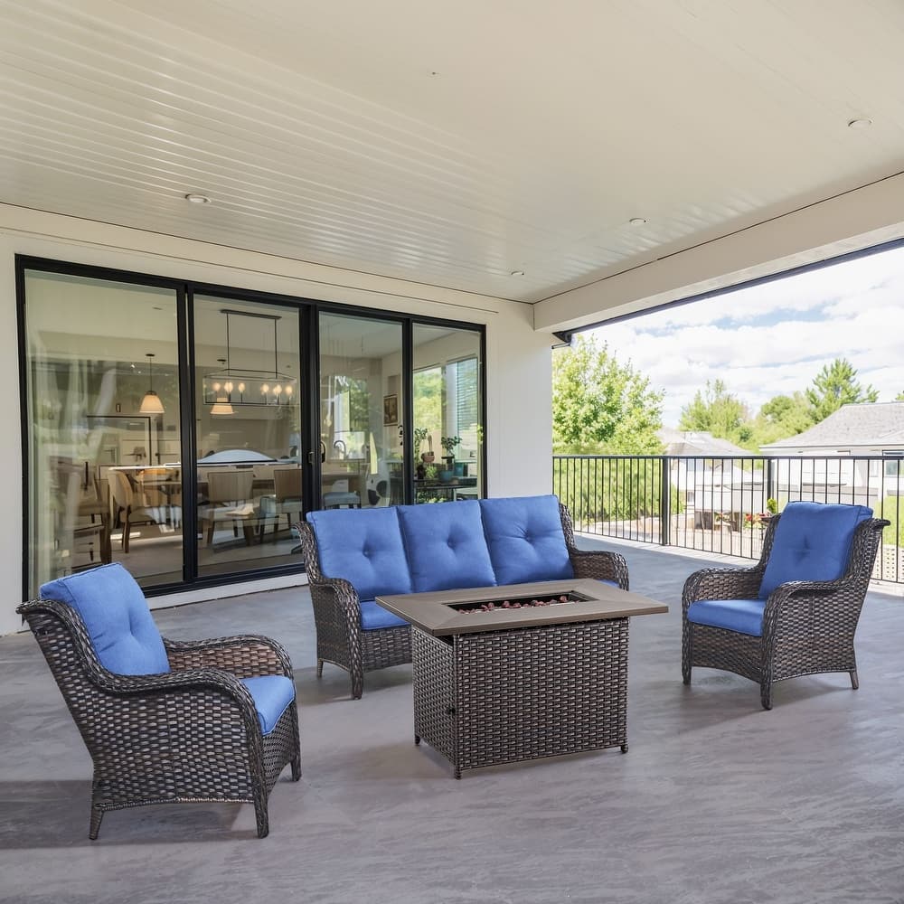 Gymojoy 4-Piece Outdoor Wicker Patio Furniture with Fire Pit Table, Rattan Coversation Set with Water Resistant Thick Cushions