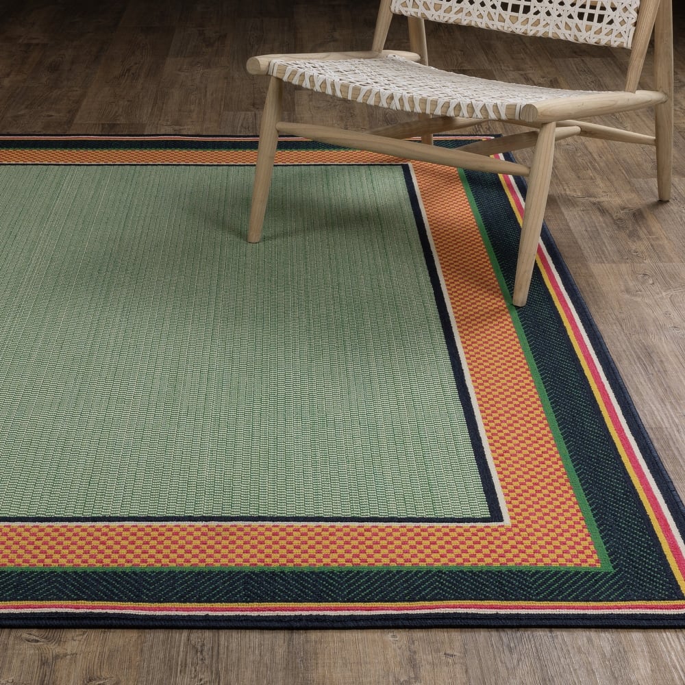 Harlowe Preppy Stripe Border Green/ Navy Area Rug