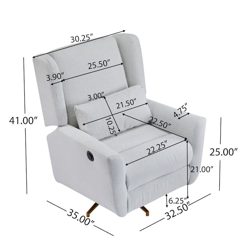 Roomfitters Power Swivel Recliner Chair, Upholstered 360° Swivel Power Recliner with Gold 5-Star Base - Gold+Light Grey
