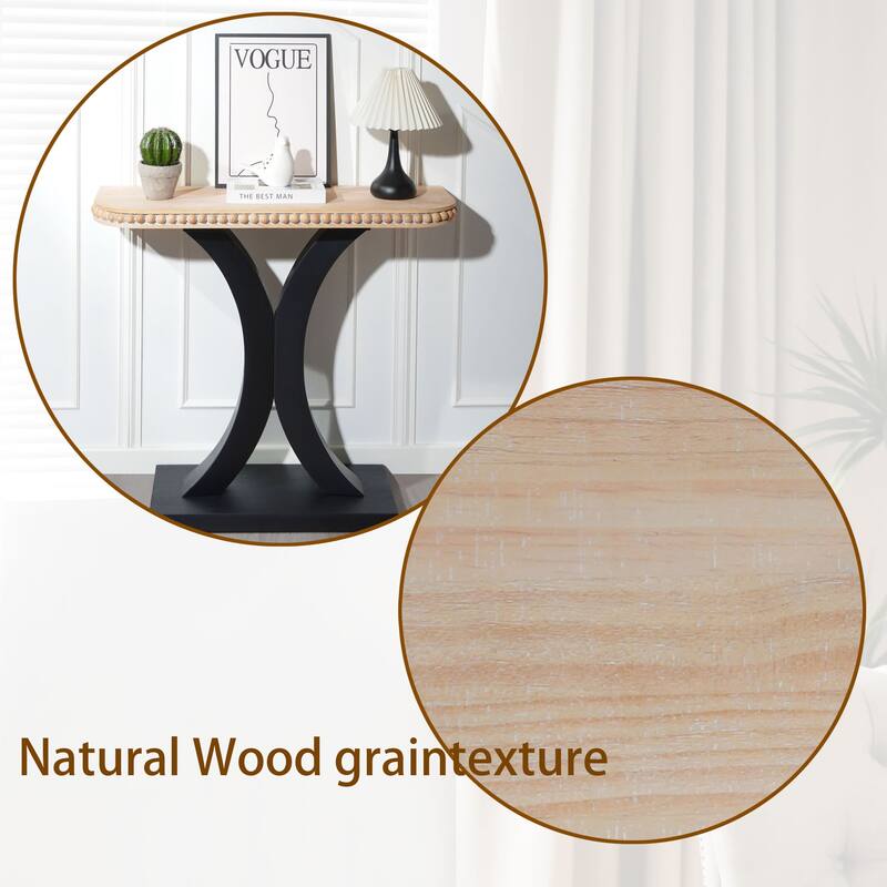 Elegant Half-Moon Console Table with Bead Trim, Versatile Wood Entryway Table with Natural Rounded Tabletop and Black Base
