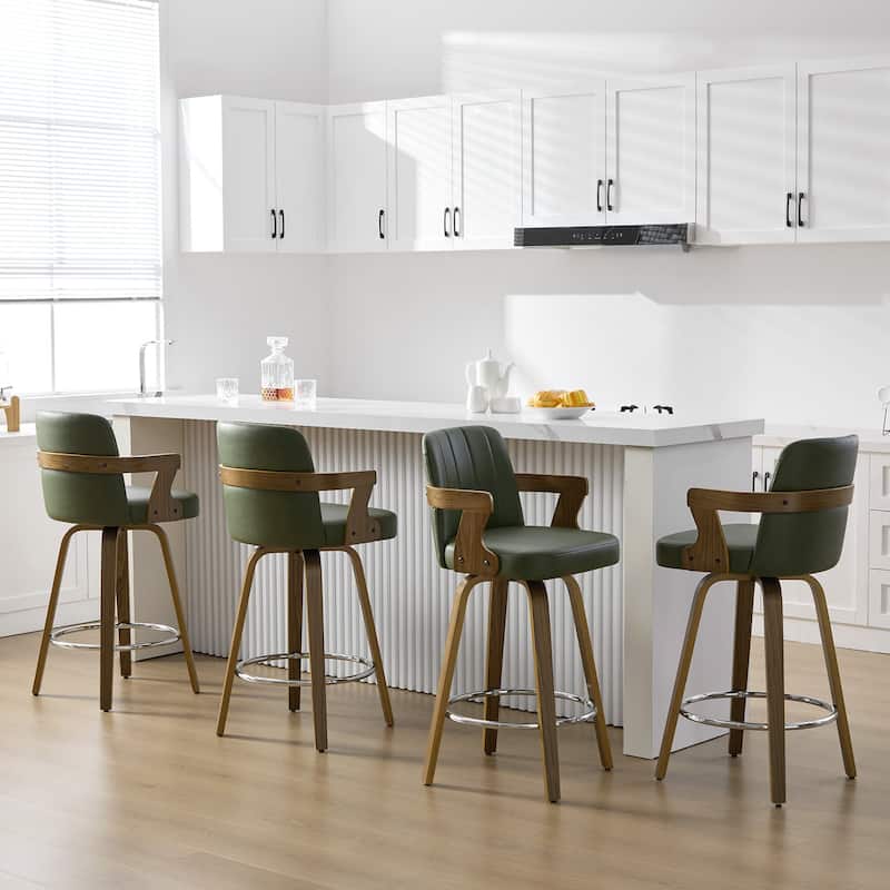 Upholstered Swivel Barstool with Arms and Bentwood Legs - 40.8"H x 18.9"W x 19.5"D/19.3"D