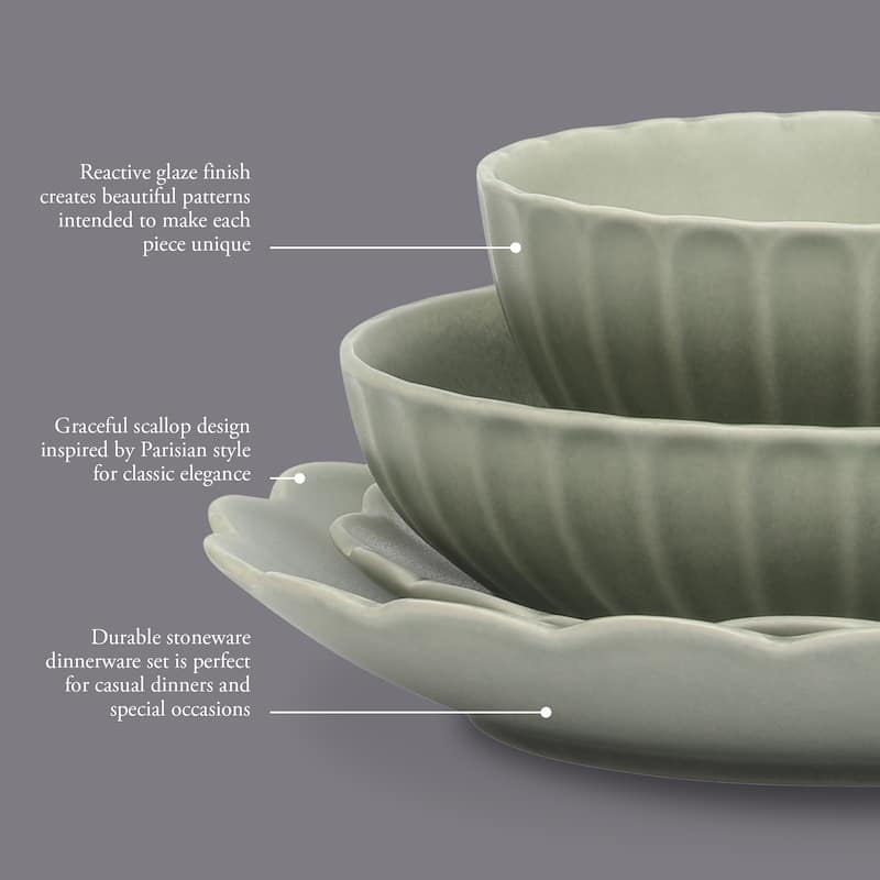 Gibson Elite Malibu Shore 16 Piece Scallop Stoneware Reactive Glaze (Service for 4) Ceramic Plates and Bowls Dinnerware Set