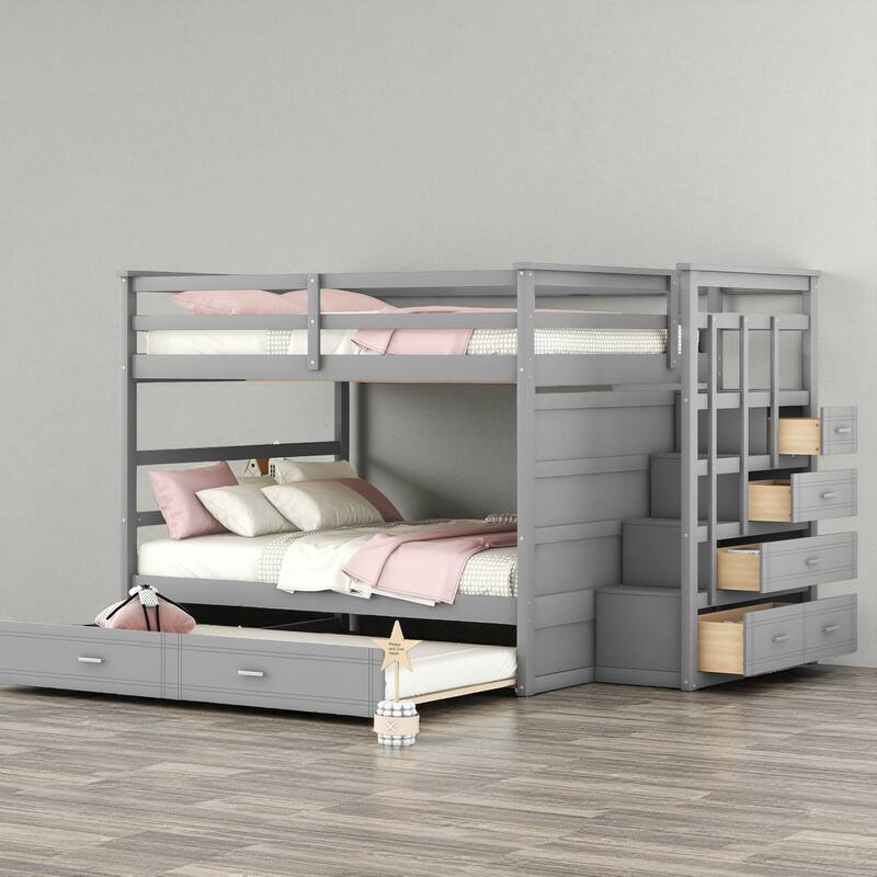 Full Over Full Bunk Bed with Twin Trundle and Storage Staircase, Solid Wood Frame, Space-Saving Design