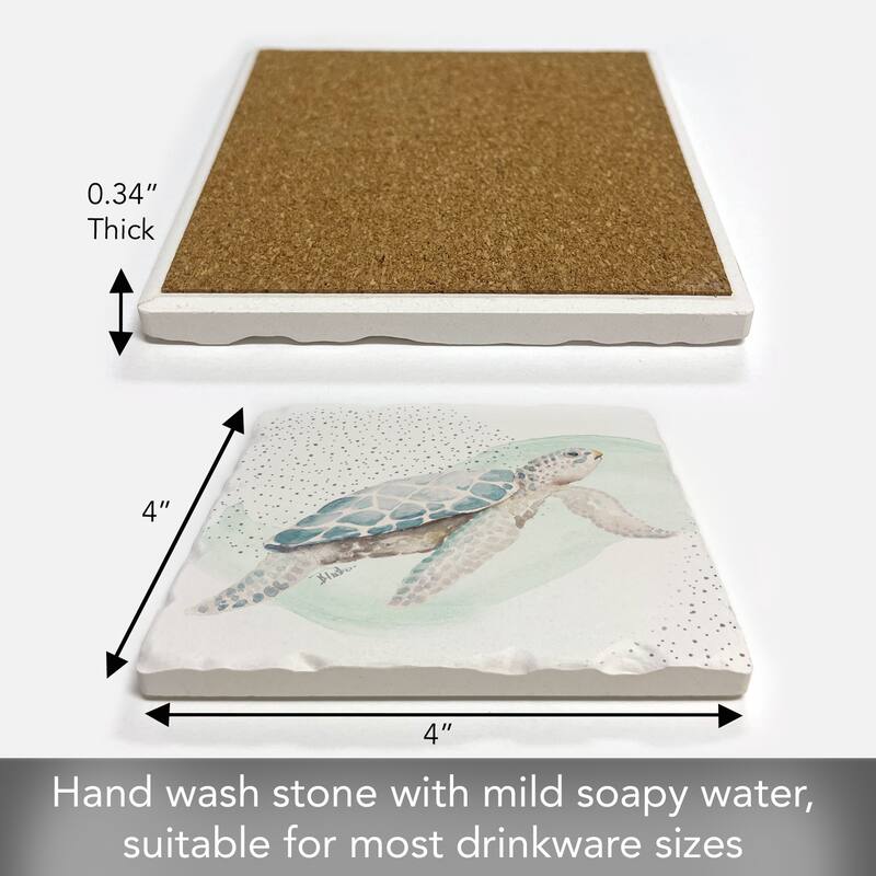 Sea Turtle 4 Pack Absorbent Stone Coasters with Cork Backing 4" Square Made in The USA Absorbent Wipes Clean
