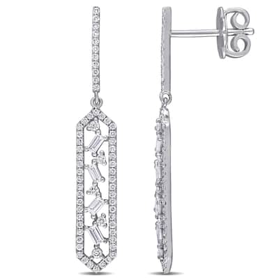 Miadora 14k White Gold 3/5ct TDW Diamond Geometric Halo Bar Drop Earrings - 34.2 mm x 5.2 mm x 1.9 mm