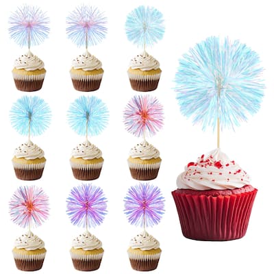 10 Pcs Firework Cupcake Toppers Tinsel Picks Blue/White/Rose Red/Pink/Orange - Sparkle Blue/Sparkle Purple