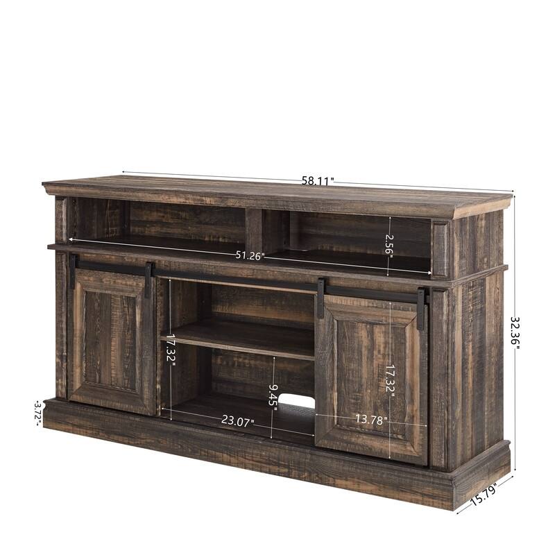 Antique Brown Modern TV Stand with Built-In Fireplace & Sliding Door Storage, 58" Wide Entertainment Console
