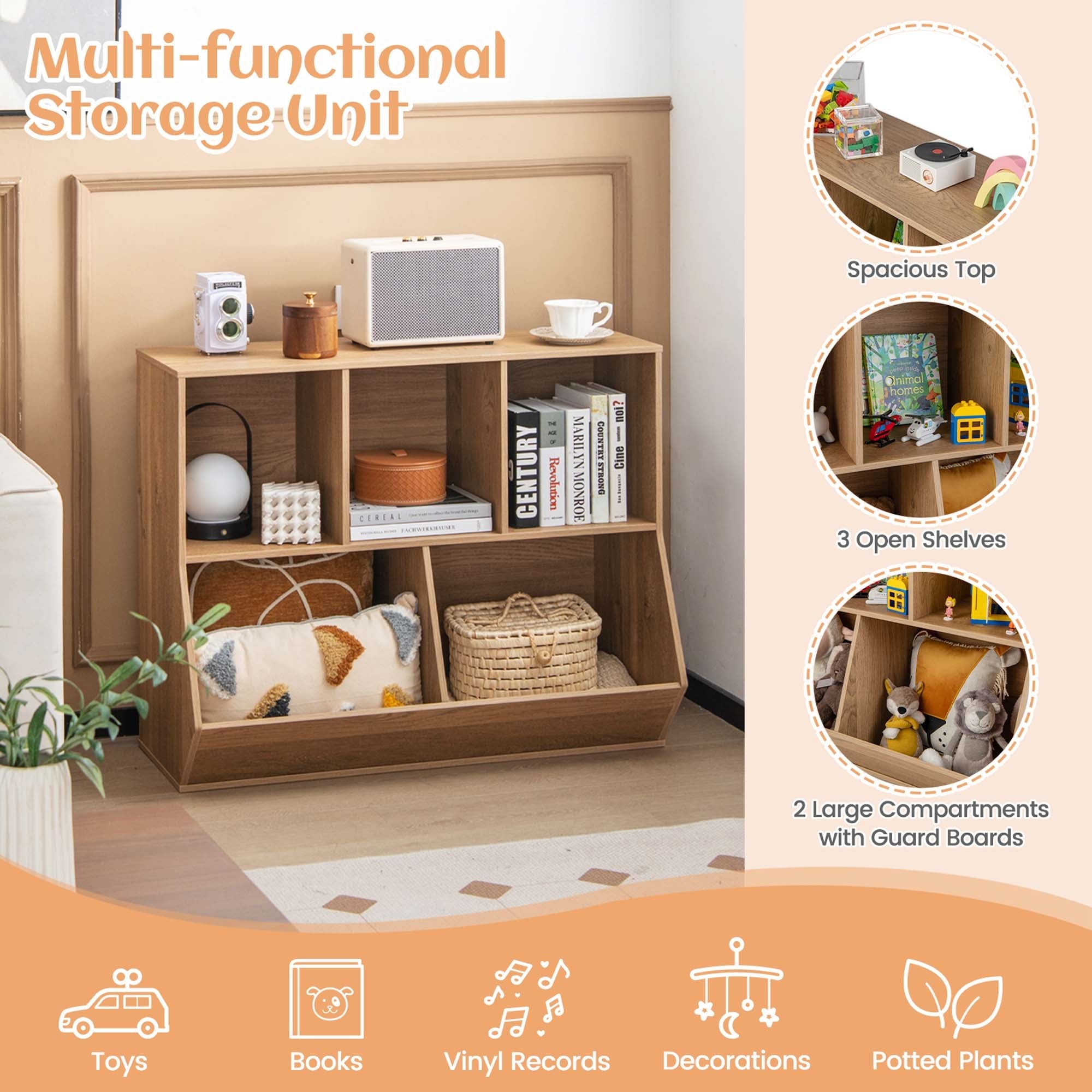 5 Cubby Kids Toy Storage Organizer Wooden Bookshelf Natural White