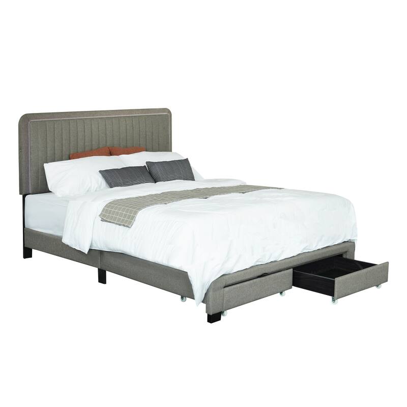 Queen Platform Bed Frame with LED Linen Headboard Footboard Drawers