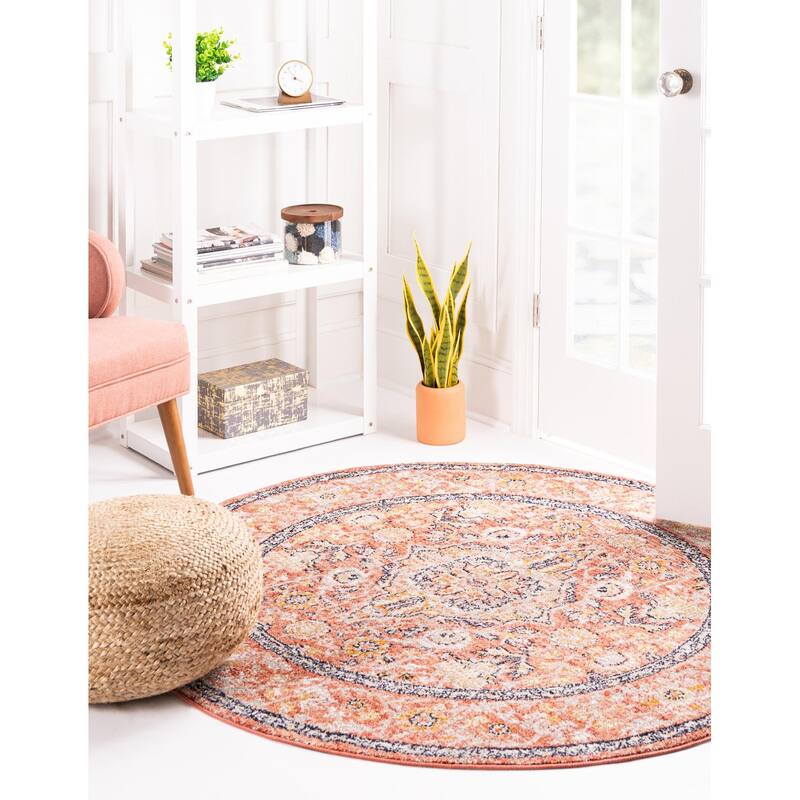 Traditional Nixa Collection Area Rug - 7' Round - Brick Red